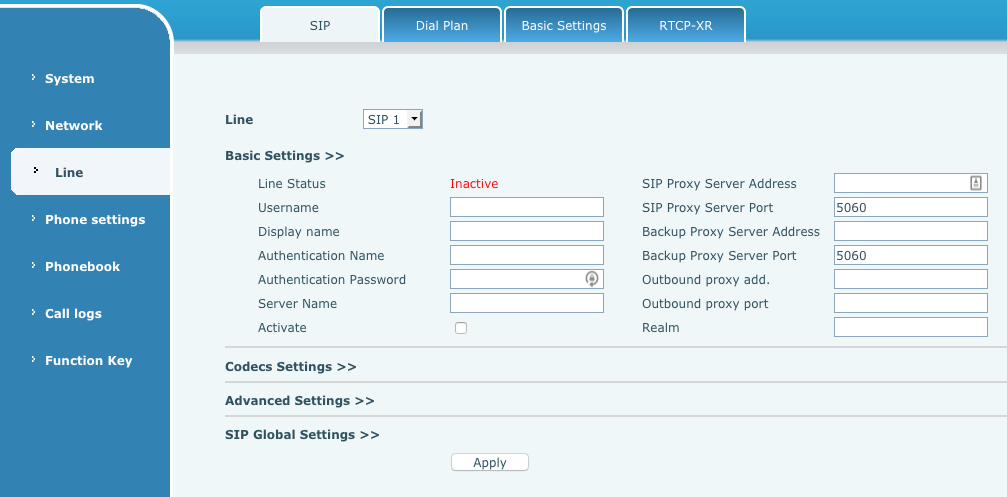 A Series SIP Account Settings