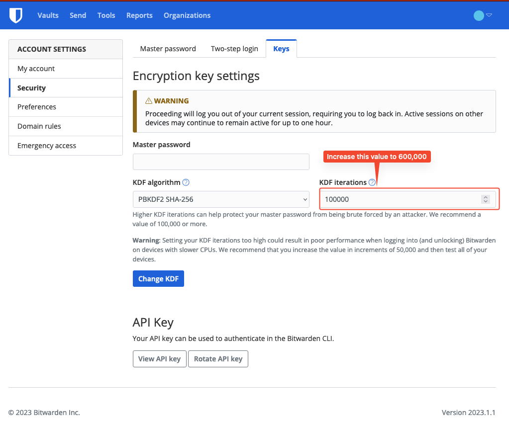 Bitwarden password manager security settings